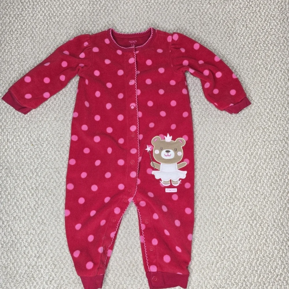 Carter's Pink Polka Dot Pajama One Piece with Bear Footless Fleece 12 Mo.